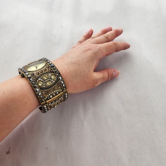 Heidi Daus Hinged Cuff Bracelet Watch Tan Swarovski Crystals Bangle Bronze New - Picture 11 of 11